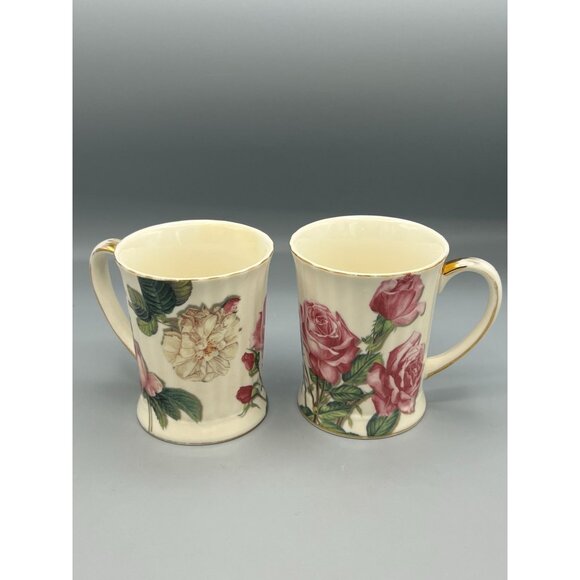 Burton & Burton Floral Rose Porcelain Mugs Set Of 2 Gold Accents Pink Romance - Picture 9 of 10